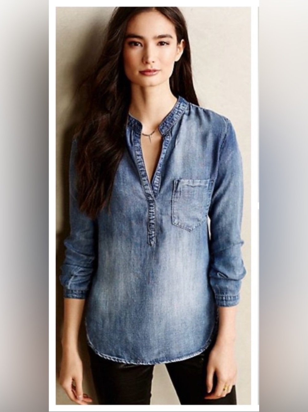 Anthropologie Cloth & Stone Long Sleeve Etta Chambray Popover Shirt, Size M EUC